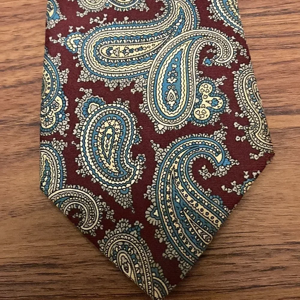 Charles Jordan Paris Silk Skinny Tie in Paisley Print with Burgundy Background.